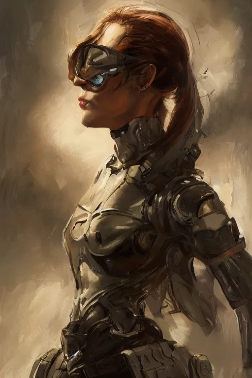 Image similar to a professionally painted portrait of an attractive young woman, clothed in military armor, olive skin, long dark hair, beautiful bone structure, symmetrical facial features, intricate, elegant, digital painting, trending on Artstation, concept art, smooth, sharp focus, illustration, from Metal Gear by Ruan Jia and Mandy Jurgens and Artgerm and William-Adolphe Bouguerea, award winning