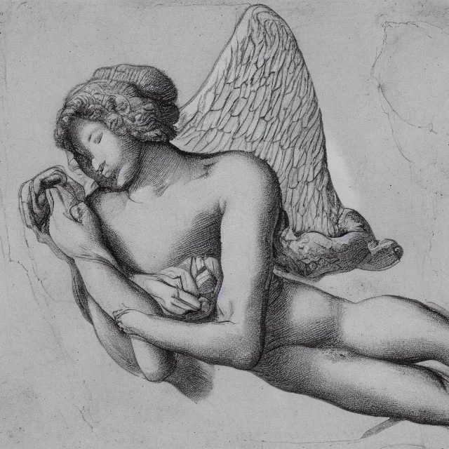 Prompt: autopsy of an angel, 18th century drawing, black and white, concept art