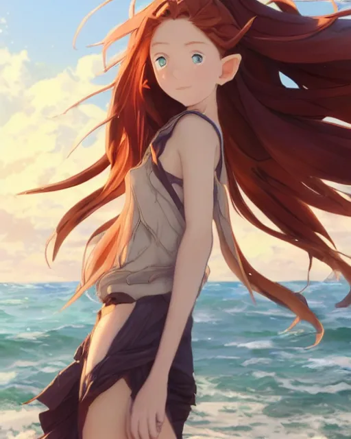 Image similar to an attractive young female elf with long flowing auburn hair, standing on the beach on the ground front facing, looking at camera, blue water, anime. By Makoto Shinkai, Stanley Artgerm Lau, WLOP, Rossdraws, James Jean, Andrei Riabovitchev, Marc Simonetti, krenz cushart, Sakimichan, trending on ArtStation, digital art.