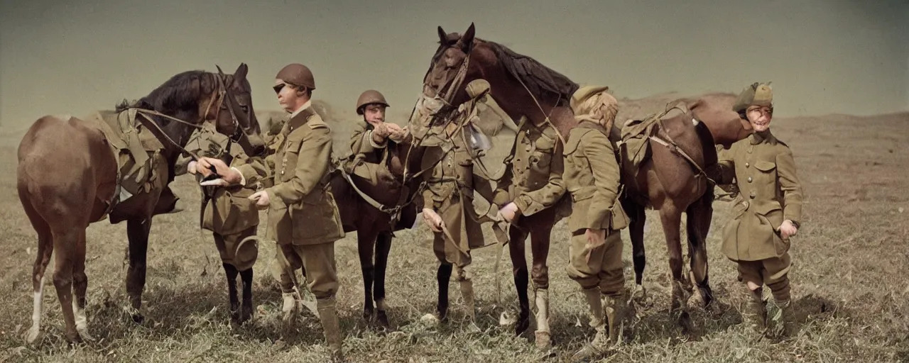 Prompt: soldiers feeding horses spaghetti, world war 1, canon 5 0 mm, kodachrome, in the style of wes anderson, retro