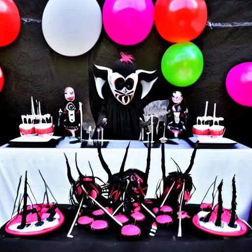 Image similar to black metal band at a children's birthday party, balloons, clown, cakes, fun, kids