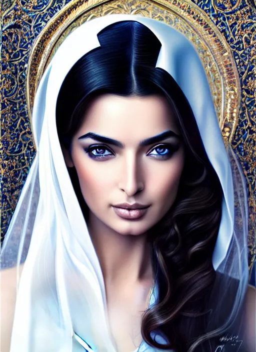 Prompt: beautiful ameera al taweel, blue eyes, long wavy black hair, transparent white veil, front, in the style of stefan kostic, realistic, sharp focus, 8k high definition, insanely detailed, intricate, elegant, art by stanley lau and artgerm