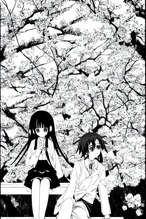 Image similar to black and white manga page, highly detailed pen, sharp high quality anime, shoujo romance, two girls, first girl with long dark hair in sailor uniform, second girl with short light hair in pant suit, sitting on bench, cherry blossom tree in background with petals floating, drawn by Atsushi Ohkubo