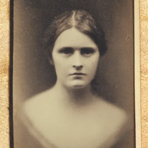 Prompt: antique photograph of a beautiful woman, sad eyes, sad smile, facial symmetry, frontal view, cracked and faded photo paper, staring at the camera, headshot, dark background, 1 8 5 0, low light, dark, 4 k