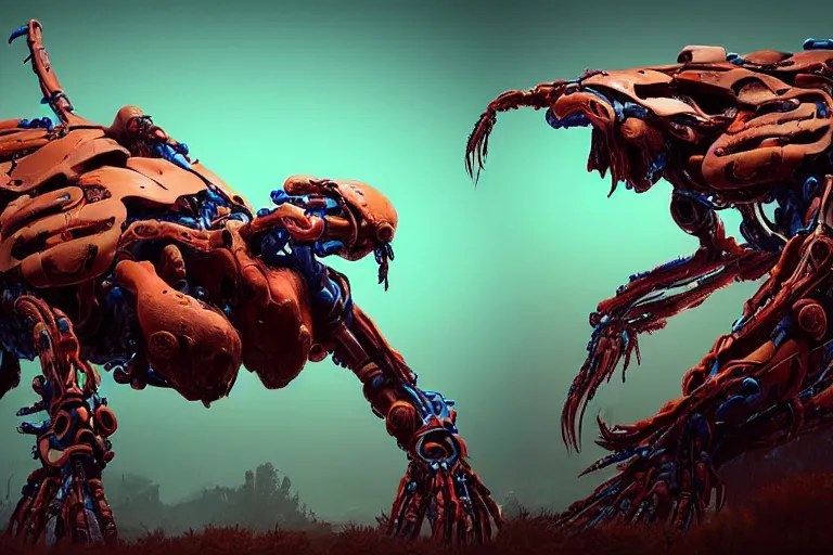 Image similar to portrait of a posed hyper detailed brown ultramarine burrower evangelion realistic mechanical and fleshy organic creature similar look as horizon forbidden west horizon zero dawn bioluminiscence in a dark deep forest at dawn in spring, with reflection and textures, by kilian eng, substance painter reaslitic mech surface metal painted scratches