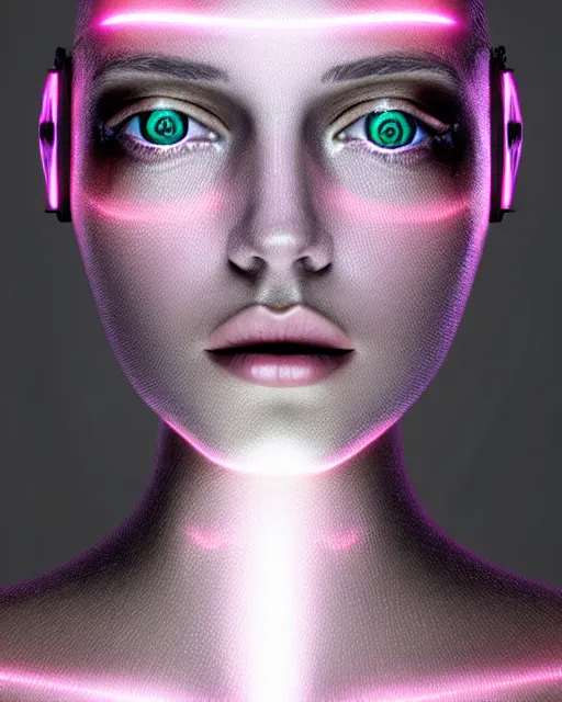 Image similar to fashion portrait, most beautiful girl in the world, glowing cybernetic augments, hyperrealism, year 2447, cdx