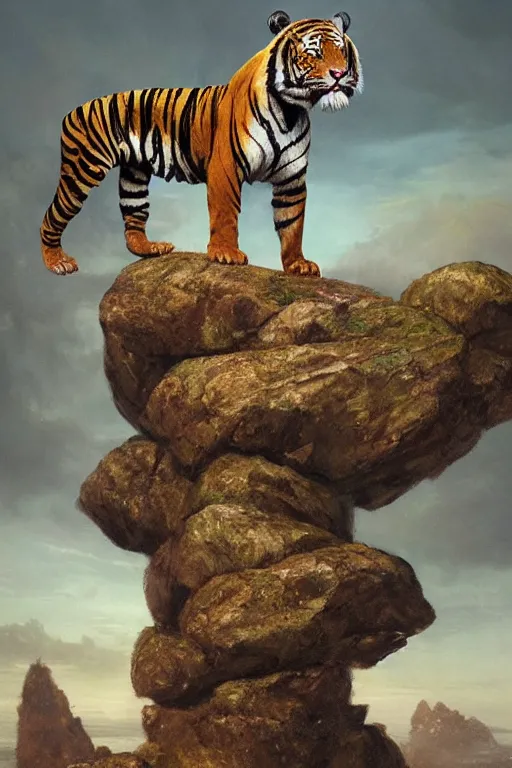 Prompt: a humanoid muscular tiger king stands on a rock by greg rutkowski, magic realism, hyper realistic, 2 0 0 mm lens