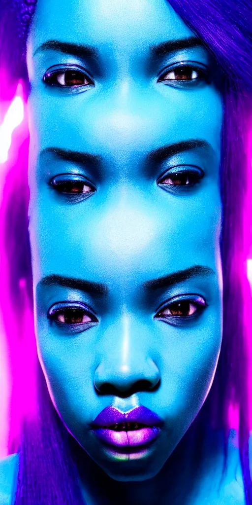Image similar to hyperrealistic intricate close-up of beautiful african woman with purple hair and pearlescent blue skin james paick machiej kuciara dramatic neon lighting on one side