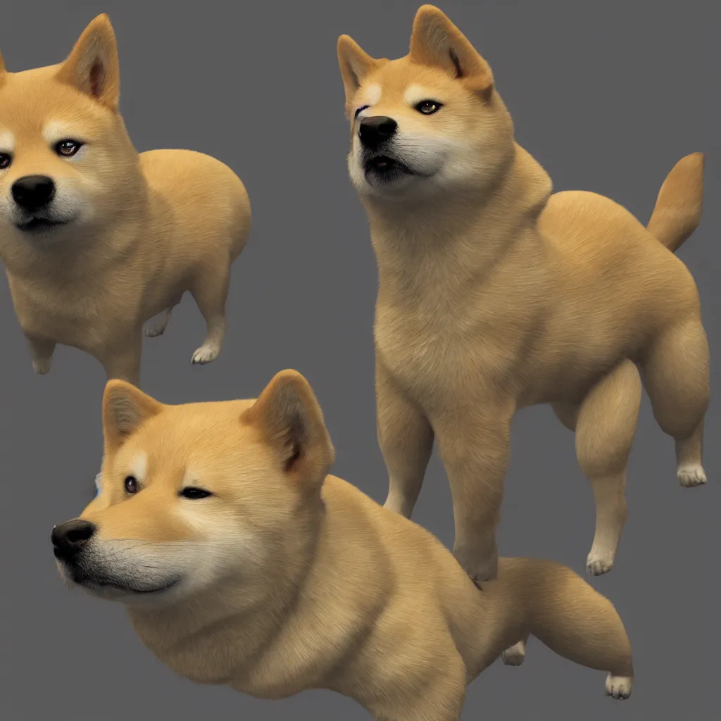 Image similar to 3 d realistic render of doge meme, shiba inu, digital art, hyper detailed, cinematic lighting, studio quality, unreal engine 5 renderered, octane rendered, ultrarealistic, concept art, artstation, high definition, 4 k, art by greg rutkowski, art by cd projekt red