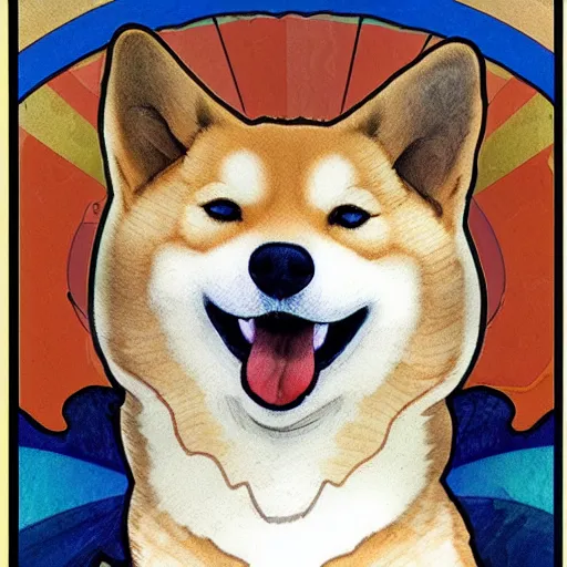 Prompt: portrait of happy laughing shiba inu with a background in the style of mucha. detailed. hd