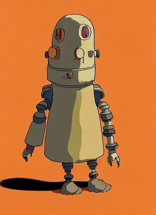 Prompt: a study of cell shaded cartoon of an orange robot monk from howl's moving castle ( 2 0 0 4 ) on a desert road, full body, wide shot, very muted colors, post grunge, studio ghibli, laurie greasley, highly detailed, deviantart, art by artgem