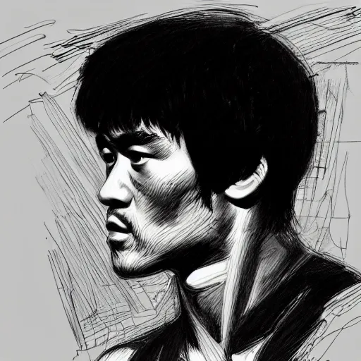 Image similar to a realistic yet scraggly portrait sketch of the side profile of a stern and sophisticated bruce lee, trending on artstation, intricate details, in the style of frank auerbach, in the style of sergio aragones, in the style of martin ansin, in the style of david aja, in the style of mattias adolfsson