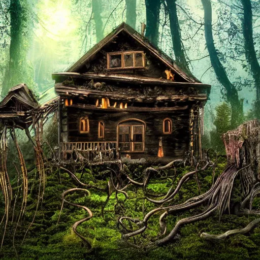 Image similar to collapsed wooden house in mythical forest with creepy ambiance, vines hanging from trees, glowing fireflies, hazy, by hr giger, sharp focus, highly detailed