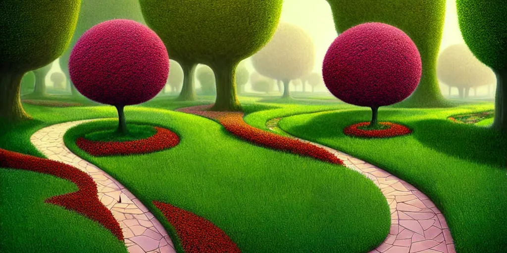 Image similar to Beautiful artwork garden of the future, hedges, Topiary plants, Nice colour scheme, warm colour. Beautiful artistic digital artwork by artist Lurid. (2022), Gediminas Pranckevicius