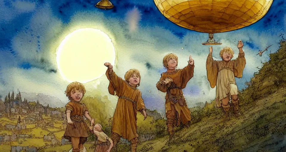 Image similar to a hyperrealist watercolor concept art of an elegant golden ufo in the sky above a small medieval town. one dirty medieval peasant child is in the foreground pointing up at the sky. very muted colors, by rebecca guay, michael kaluta, charles vess. high detail, hq, wide shot, 4 k