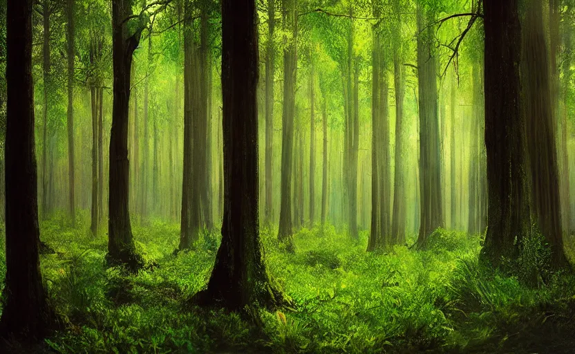 Prompt: a beautiful painting of a forest filled with stained glass trees and grass, by elizabeth gadd