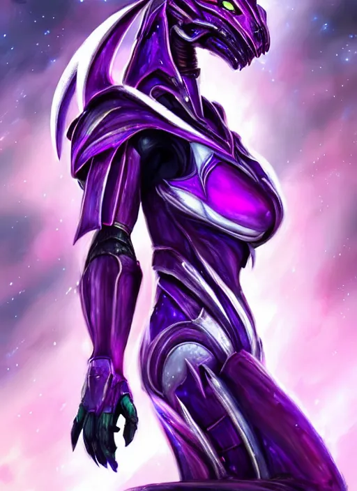 Prompt: cinematic close body, cosmic beautiful stunning giant robot mechan hot female dragon goddess, sharp sleek cyborg dragon head, sharp metal ears, smooth purple eyes, smooth fuschia skin, smooth silver armor, nebula sized, epic proportions, epic scale, macro furry, furry art, dragon art, goddess art, giantess art, warframe, warframe fanart, furaffinity, octane