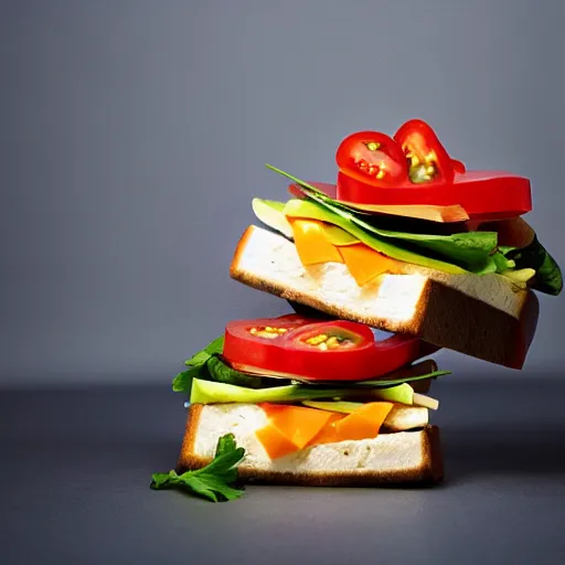 Image similar to sandwich of led lights with tofu, tomato and cheddar, studio photo, amazing light