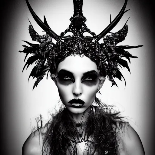 Image similar to a portrait of female model by stefan geselle, nekro borja and peter kemp, dark fantasy, ornate headpiece, dark beauty, photorealistic, canon r 3, photography