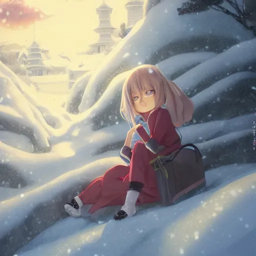 Image similar to portrait of the lone girl laying in the snows, anime fantasy illustration by tomoyuki yamasaki, kyoto studio, madhouse, ufotable, trending on artstation