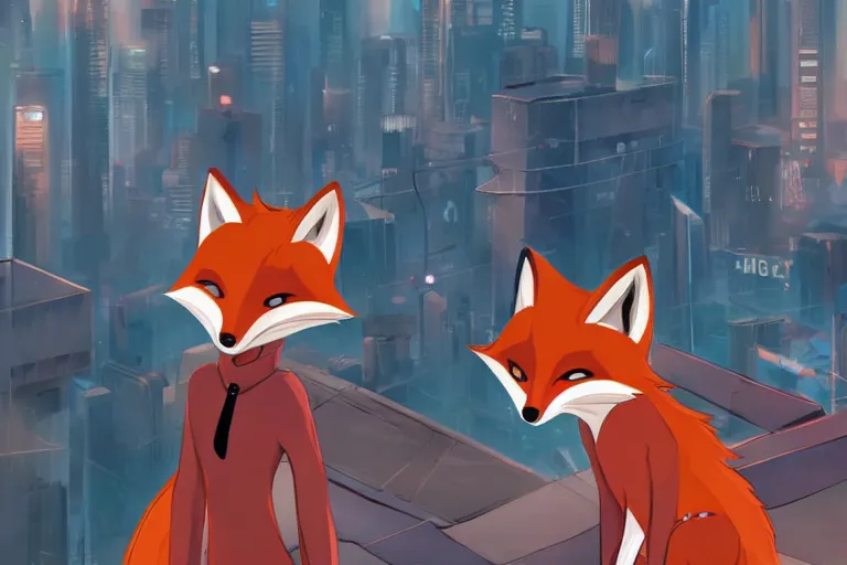 Image similar to an anthropomorphic fox with a fluffy tail staring over a futuristic city from the top of a roof, comic art, trending on furaffinity, cyberpunk, backlighting, cartoon