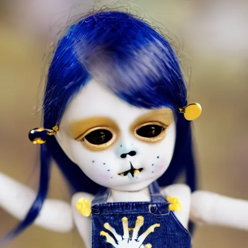 Image similar to lovely realistic ball jointed high end lapis lazuli porcelain with gold inclusions skeleton doll with cute white yellow overalls and cute nature themed accessories, inside gothic doll manor bedroom, god rays, dust particles, photorealistic, aesthetic shot, worms eye view, macro camera lens, high definition, cartoon proportions, cinematic, lens flare