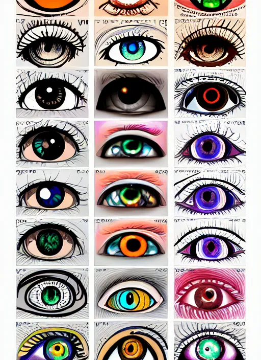 Image similar to diverse eyes!, rotating circle, dot pupils, teams, healing, energetic, life, hybrids, thin glowing devices, reflections, vitals visualiser!!, advanced art, art styles mix, from wikipedia, grid of styles, various eye shapes