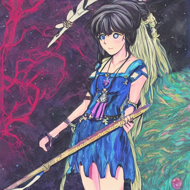 Prompt: the lone priestess of evermoon valley. this gouache painting by the award - winning mangaka has an interesting color contrasts.