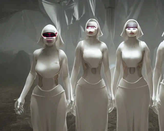 Image similar to a film still of three synthetic female human oracles wrapped in white cloth, face markings, beautiful, neotokyo, cinematic lighting, high resolution, 4 k