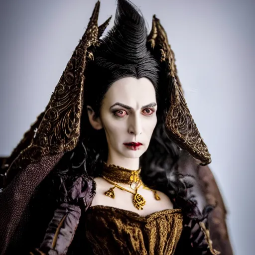 Prompt: photo taken of an epic intricate, ultra detailed, super realistic stop motion puppet of a majestic gracious regal aristocratic brunette female vampire and gothic filmset created by weta workshop, menacing, wide angle, full body shots, photorealistic, sharp focus, white wall, extremely cold blueish colour temperature, 3 5 mm, f 1. 4, golden ratio