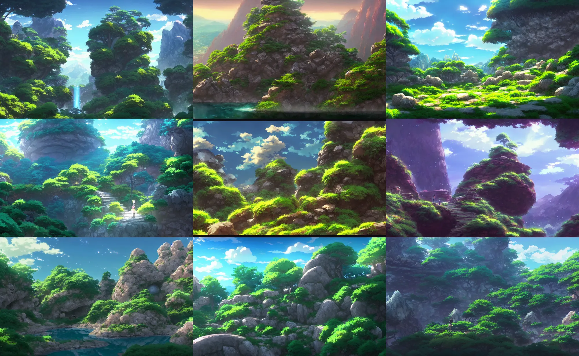 Prompt: an anime movie background matte painting of a secret rock garden, fantasy, by makoto shinkai, trending on artstation, highly detailed