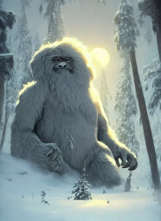 Prompt: giant yeti monster towering over snow covered trees, highly detailed, digital painting, artstation, concept art, matte, sharp focus, illustration, dramatic, cinematic sunset, hearthstone, art by artgerm and greg rutkowski and alphonse mucha