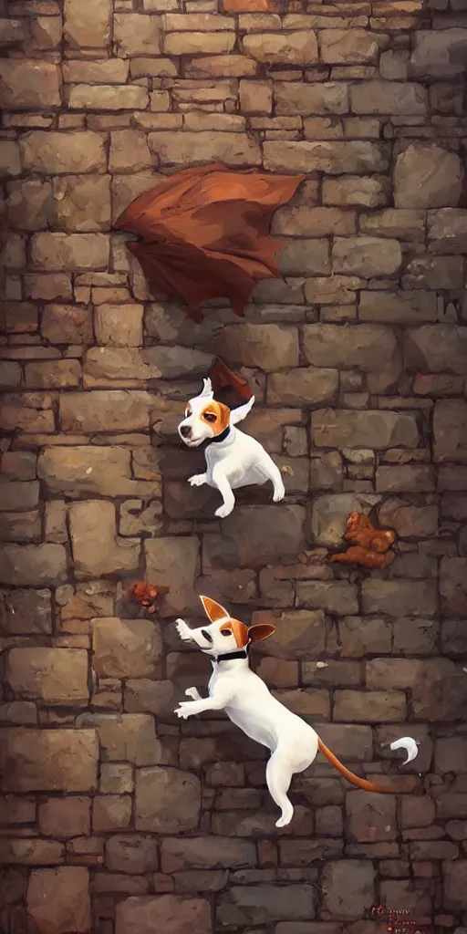 Image similar to adorable jack russel terrier flying above a brick wall, fantasy art, artstation character design contest winner, trending on cgsociety, concept art, speedpaint, beautiful digital art, jesper ejsing, james jean, justin gerard, fenghua zhong, makoto shinkai, highly detailed