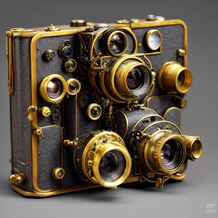Prompt: photograph of a very very beautiful steampunk medium format camera with a brass lens!!. plain grey background. centered. highly detailed. apple design. wood. artstation, concept art, symmetry, smooth, shallow focus, art and john singer sargent and and mucha by theodore ralli and nasreddine dinet and anders zorn and nikolay makovsky and edwin long