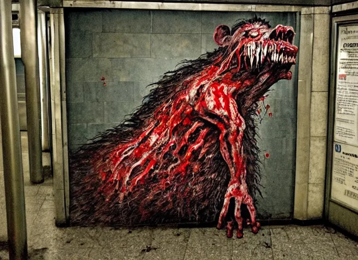 Image similar to very large giant mutant zombie irradiated ( angry rat ) staying on railways in tonnel of moscow subway. extreme high detail, very realistic. extreme long shot, low dark light, scary mood. hermann nitsch.