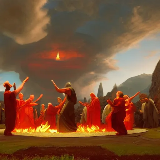 Image similar to medieval monks dancing around fire, pagan ritual, painting by Frederic Edwin Church, octane rendering, warm moody lighting, wide angle lens, in the style of Pixar, fire fills the sky,