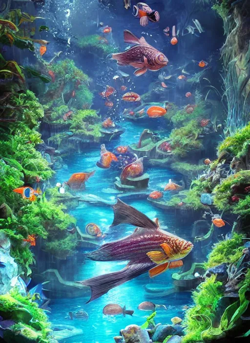Prompt: people observing lots of beautiful fish in an underground aquarium corridor, in the style of turine tran, fantasy art, ray tracing, water droplets, highly detailed, artstation trend, highly detailed and intricate, sharp focus, photography, unreal engine 5