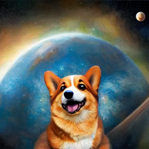 Prompt: all of the planets revolving around a giant Corgi, beautiful, oil on canvas, intricate, 8k highly professionally detailed, HDR, CGsociety
