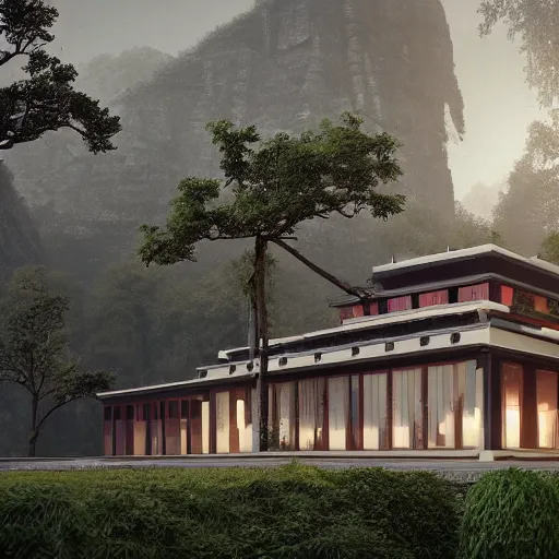 Image similar to modern house inspired by tibetan palace, built like a stadium with atrium in the middle, on a hill surrounded by big trees, dramatic lighting, artstation, realistic rendering, unreal engine, octane render, raphael lacoste, simon stalenhag, frank lloyd wright, helicopter view