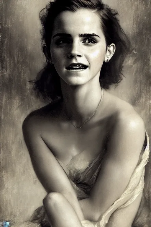 Image similar to emma watson laughing detailed portrait painting by gaston bussiere craig mullins j. c. leyendecker photograph by richard avedon peter lindbergh