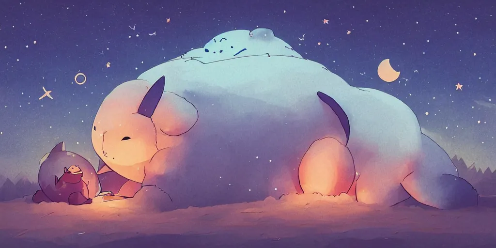 Image similar to giant glowing wireframe snorlax totoro, mountain landscape, night sky, digital art, digital painting, celestial, majestic, colorful