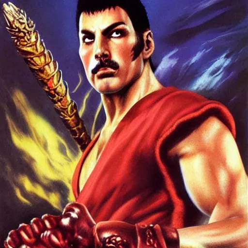 Prompt: ultra realistic freddy mercury as ryu from street fighter, painting by frank frazetta, 4 k, ultra realistic, highly detailed,