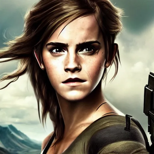 Image similar to Emma Watson as Lara Croft, promo art, highly-detailed, stunning