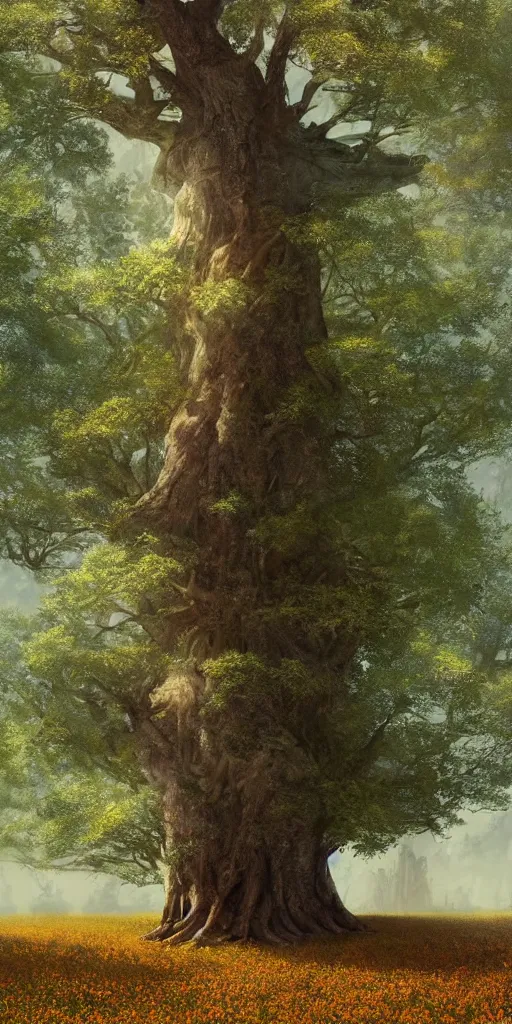 Image similar to a big tree in a meadow with white leaves and some leaves falling retro digital painting, artstation, concept art, soft light, hdri, smooth, sharp focus, illustration, fantasy, intricate, elegant, highly detailed, D&D, matte painting, in the style of Greg Rutkowski and Alphonse Mucha and artemisia, 8k, highly detailed, jurgens, rutkowski, bouguereau, pastoral, rustic, georgic