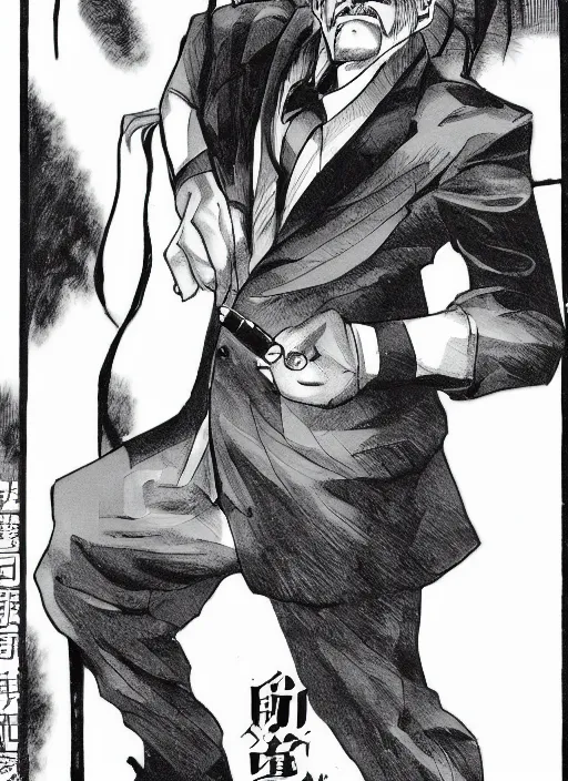 Image similar to heihachi dressed formally, smoking a cigar in the style of keisuke itagaki, manga illustration