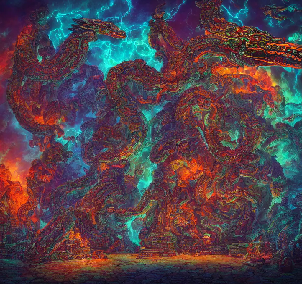 Image similar to Quetzalcoatl  the feathered serpent deity hovering above a giant mayan temple by Liam Wong and Boris Vallejo, stone carving, colorful, glyphs, rocket, wall of a tomb, highly details, realistic, cinematic lightning, medium shot, mid-shot, highly detailed, trending on artstation, Unreal Engine 4k