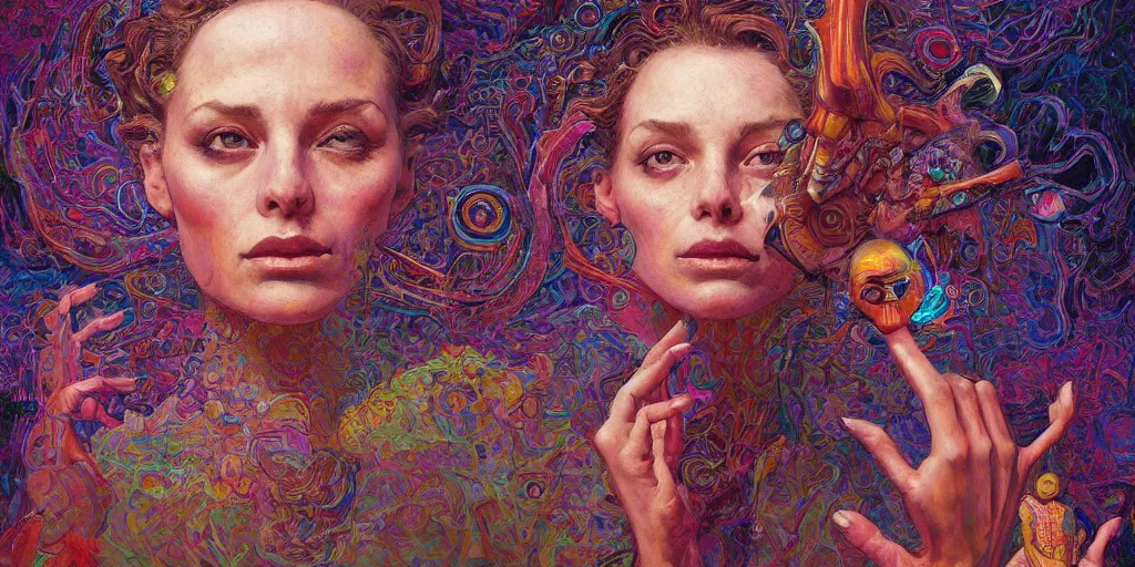 Image similar to Portrait of beautiful woman, surrounded by neural vivid realm, dark babylonian surrealism, painted part by francis bacon, part by jeffrey smith, part by josan gonzales, part by dan mumford, part by norman rockwell, part by gustave moreau, artstation, 4K, highly detailed,