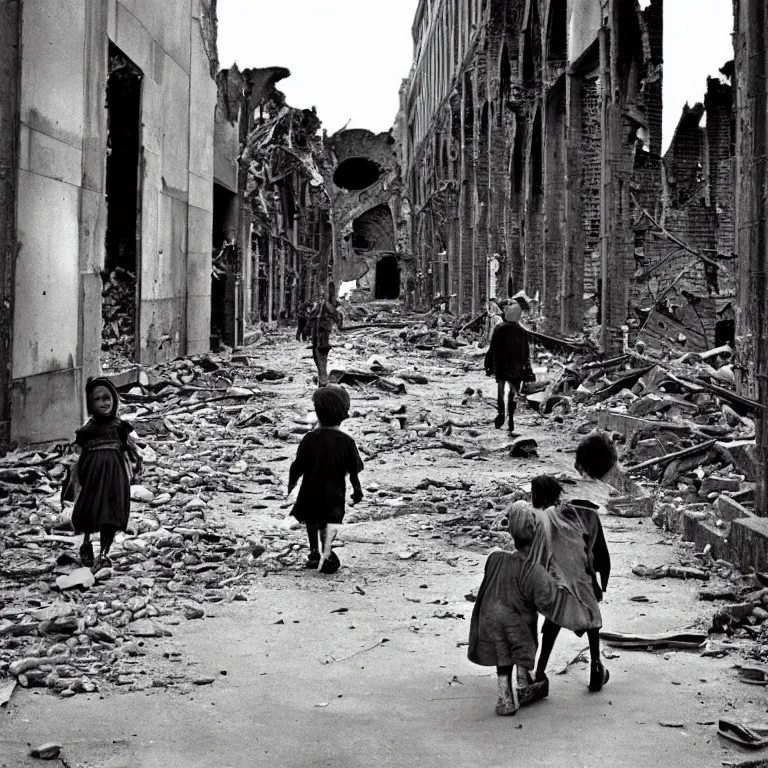Prompt: homeless children walk through the ruins of the city, scary photo in color