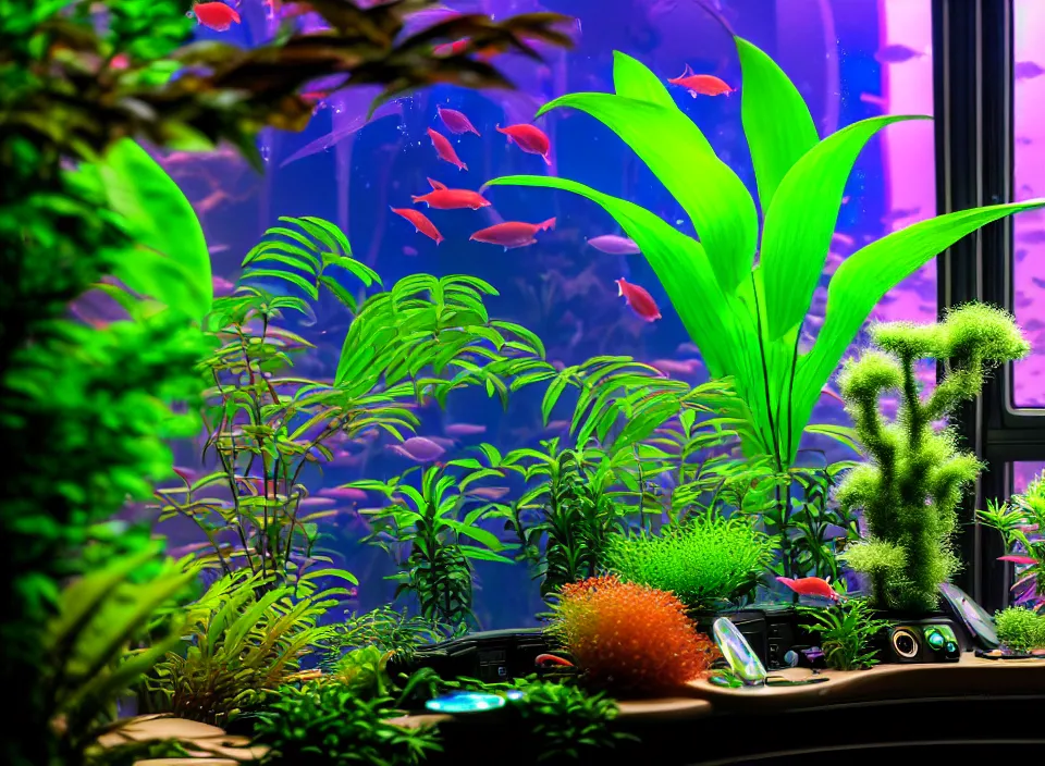 Image similar to telephoto 7 0 mm f / 2. 8 iso 2 0 0 photograph depicting a single iridescent jungle plant in a cosy cluttered french sci - fi ( art nouveau ) cyberpunk apartment in a pastel dreamstate art cinema style. ( aquarium, computer screens, window ( city ), leds, lamp, ( ( ( aquarium bed ) ) ) ), ambient light.