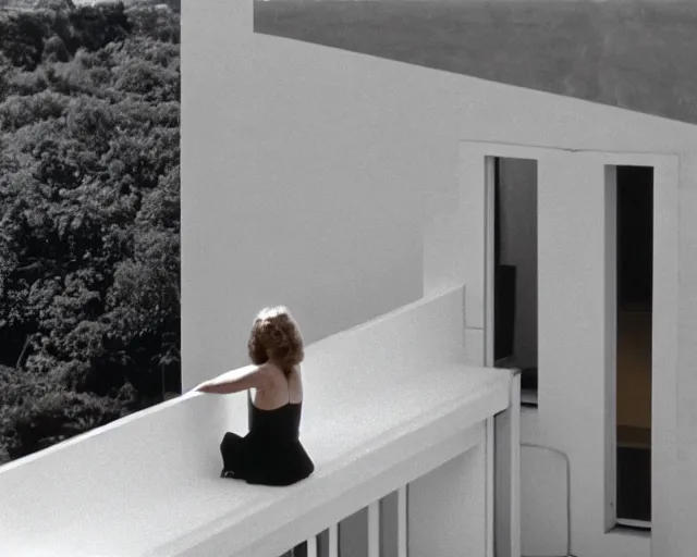 Image similar to a still of a young woman looking out from a huge concrete white balcony of a minimalist house, outside view, low angle, clear sky and background, in the music video Wrapped Around your Finger (1983)